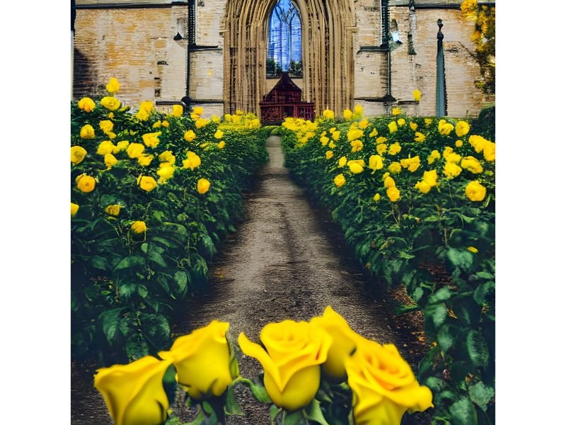 yellow roses on focus with the church on the background