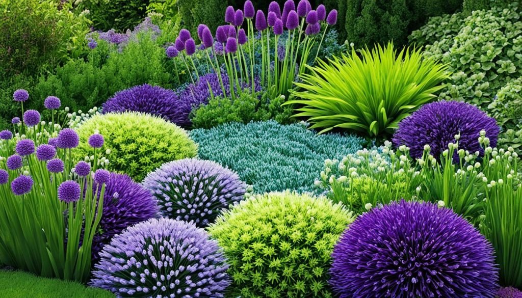 textured garden design with allium-like flowers