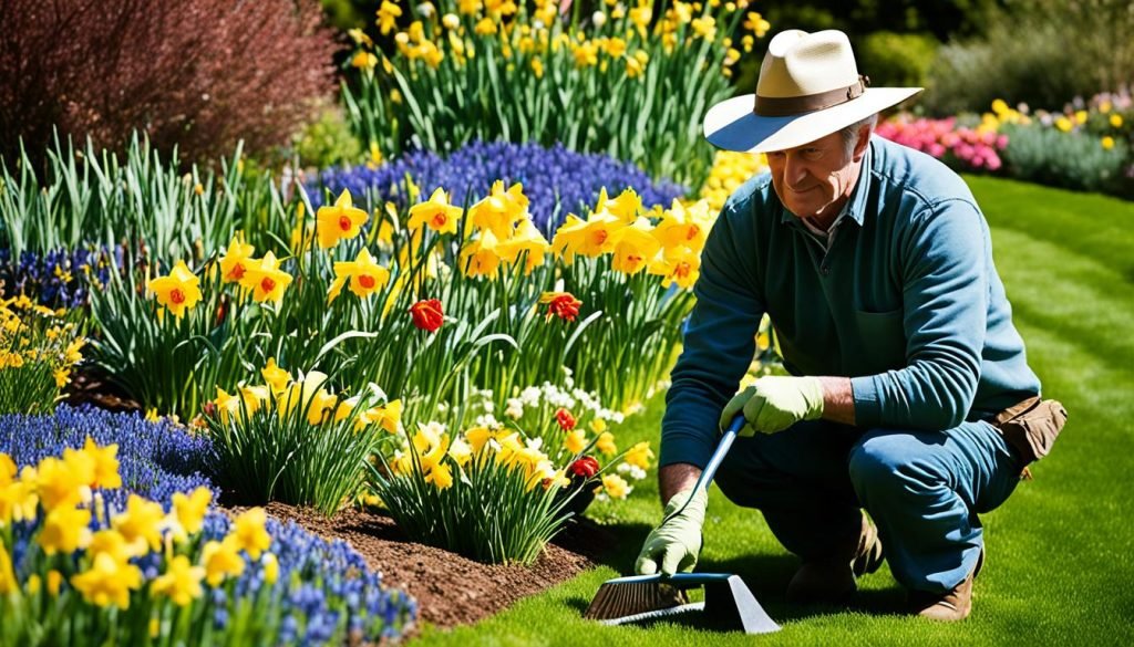Gardener tending to spring flowers
